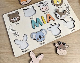 Jouets en bois, cadeau de premier anniversaire personnalisé, casse-tête de nom fait main avec des animaux, cadeau de naissance personnalisé pour tout-petit, cadeaux de Noël