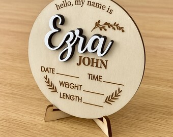 Aangepast 3D houten bord met babynaam: gegraveerde plaquette met geboortestatistieken