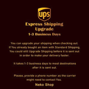 May include: A graphic with the UPS logo and text that reads "Express Shipping Upgrade" and "1-3 Business Days." Additional text explains how to upgrade shipping and the need for a phone number.