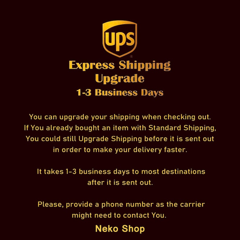 May include: A graphic with the UPS logo and text that reads "Express Shipping Upgrade" and "1-3 Business Days." Additional text explains how to upgrade shipping and the need for a phone number.
