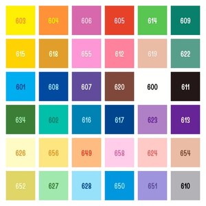 May include: A color chart featuring 36 squares, each displaying a different solid color. The squares are arranged in a grid, with each square labeled with a three-digit number. Colors include yellow, orange, pink, red, green, and blue.