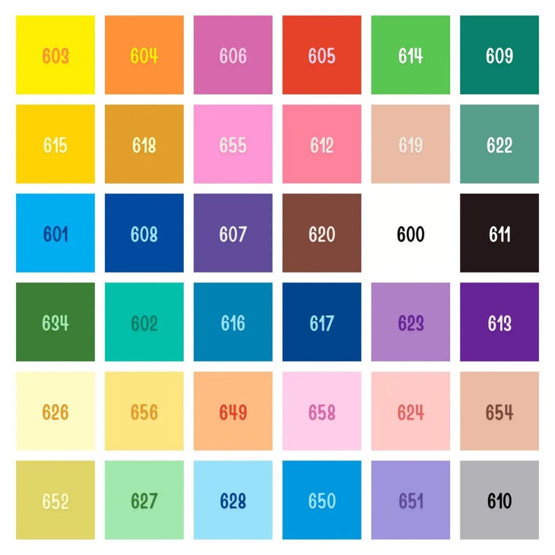 May include: A color chart featuring 36 squares, each displaying a different solid color. The squares are arranged in a grid, with each square labeled with a three-digit number. Colors include yellow, orange, pink, red, green, and blue.