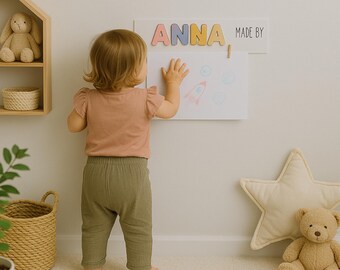 Wystawa sztuki dla dzieci, dekoracja ścienna do pokoju dziecięcego, spersonalizowany prezent urodzinowy dla dziecka, układanka z imieniem, prezent świąteczny, prezent dla malucha, spersonalizowana drewniana układanka z imieniem