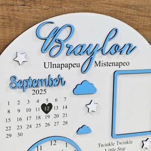May include: A white wooden decorative piece with the name "Braylon" in blue script. It includes the month "September" and the year "2025", a calendar, clouds, stars, and a photo frame. The text "Twinkle Twinkle Little Star" is also present.