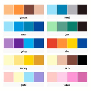 May include: A visual guide to color palettes, featuring five different color schemes: pumpkin, forest, ocean, jade, galaxy, vivid, morning, earth, pastel, and sakura. Each palette includes five colors, with the last color being black.