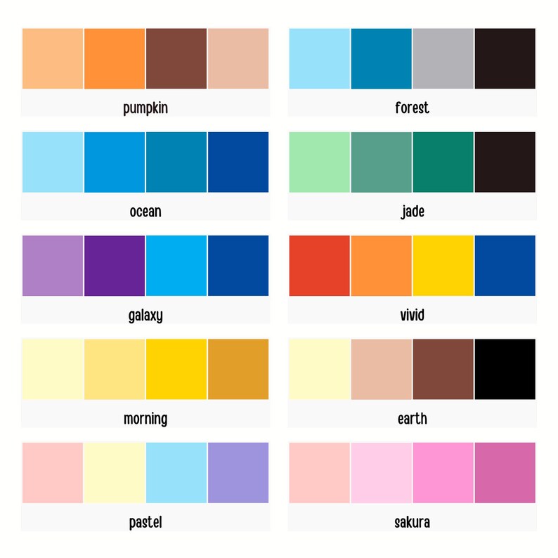May include: A visual guide to color palettes, featuring five different color schemes: pumpkin, forest, ocean, jade, galaxy, vivid, morning, earth, pastel, and sakura. Each palette includes five colors, with the last color being black.