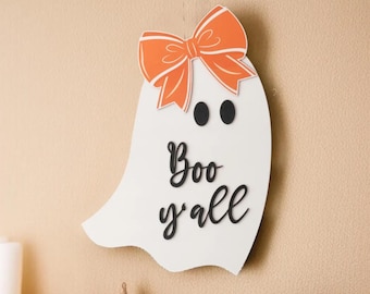 Wooden Ghost Door Hanger: Rustic Halloween Porch Sign - Boo Y'all