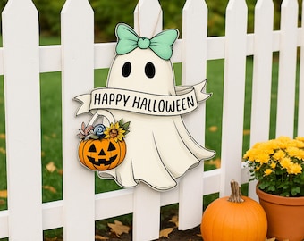 Ghost Door Sign: Spooky Halloween Wood Hanger with Bow