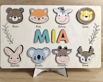 Personalized First Birthday Gift, Handmade Name Puzzle with Animals, Custom New Baby Gift for Toddler, Christmas Gifts, Wooden Toys