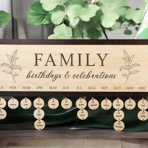Personalized Wooden Family Birthday Calendar, Custom Wall Hanging Sign with Tags, Family Celebrations Tracker, Rustic Home Decor