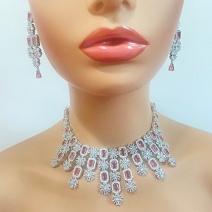 Rubin amerikanischen Diamant Stil Halskette Set mit passenden Ohrringen, Cz Halskette, Indischer Schmuck, Indische Halskette, Cz Schmuck