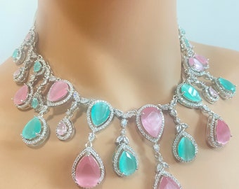 Pink mint American diamond style necklace set with matching earrings, Cz necklace, Indian jewelry, Indian necklace, Cz jewelry