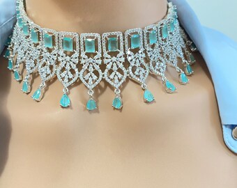Mint green Indian CZ choker necklace set, cz jewelry, Indian wedding necklace, Pakistani jewelry, wedding jewelry