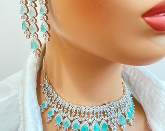 Mint green American diamond style necklace,  Indian ad necklace , Cz necklace set, cz jewelry, Indian jewelry