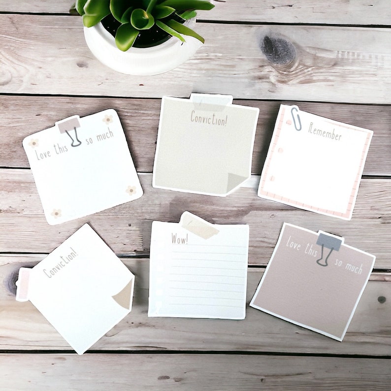 May include: Six colorful sticky notes with different designs and text. The notes have a floral pattern and include the text "Love this so much", "Conviction!", "Remember", "Conviction!", "Wow!" and "Love this so much".