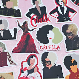 May include: A collection of Cruella De Vil stickers in various poses and outfits, featuring black and white hair, red lips, and the word "Cruella". The stickers are on a pink background.