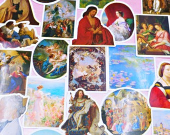 May include: A collection of vintage art stickers featuring various paintings, including religious scenes, portraits, and landscapes. The stickers are printed on white paper with a glossy finish.
