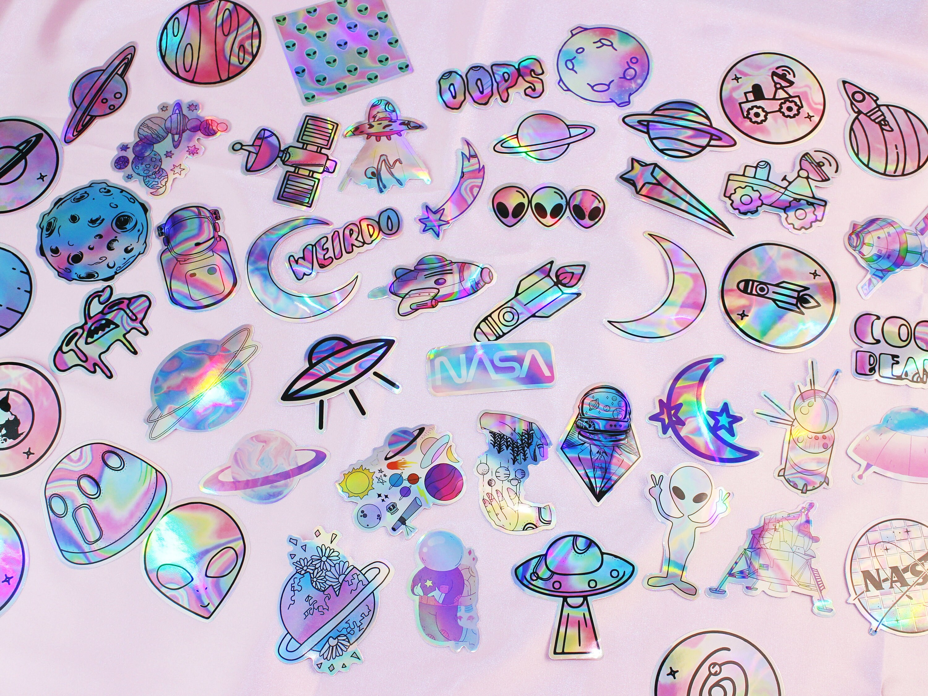 50 PCS A Pack / Holographic Laser Stickers / Outer Space / Aliens ...