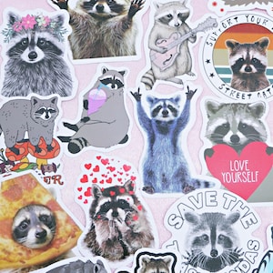 Può includere: Una collezione di adesivi a tema procione su sfondo rosa. Gli adesivi presentano varie illustrazioni di procioni, alcune con testo come "DO CRIME", "LOVE YOURSELF" e "SAVE THE TRASHPANDAS". I procioni sono raffigurati in diverse pose e stili.
