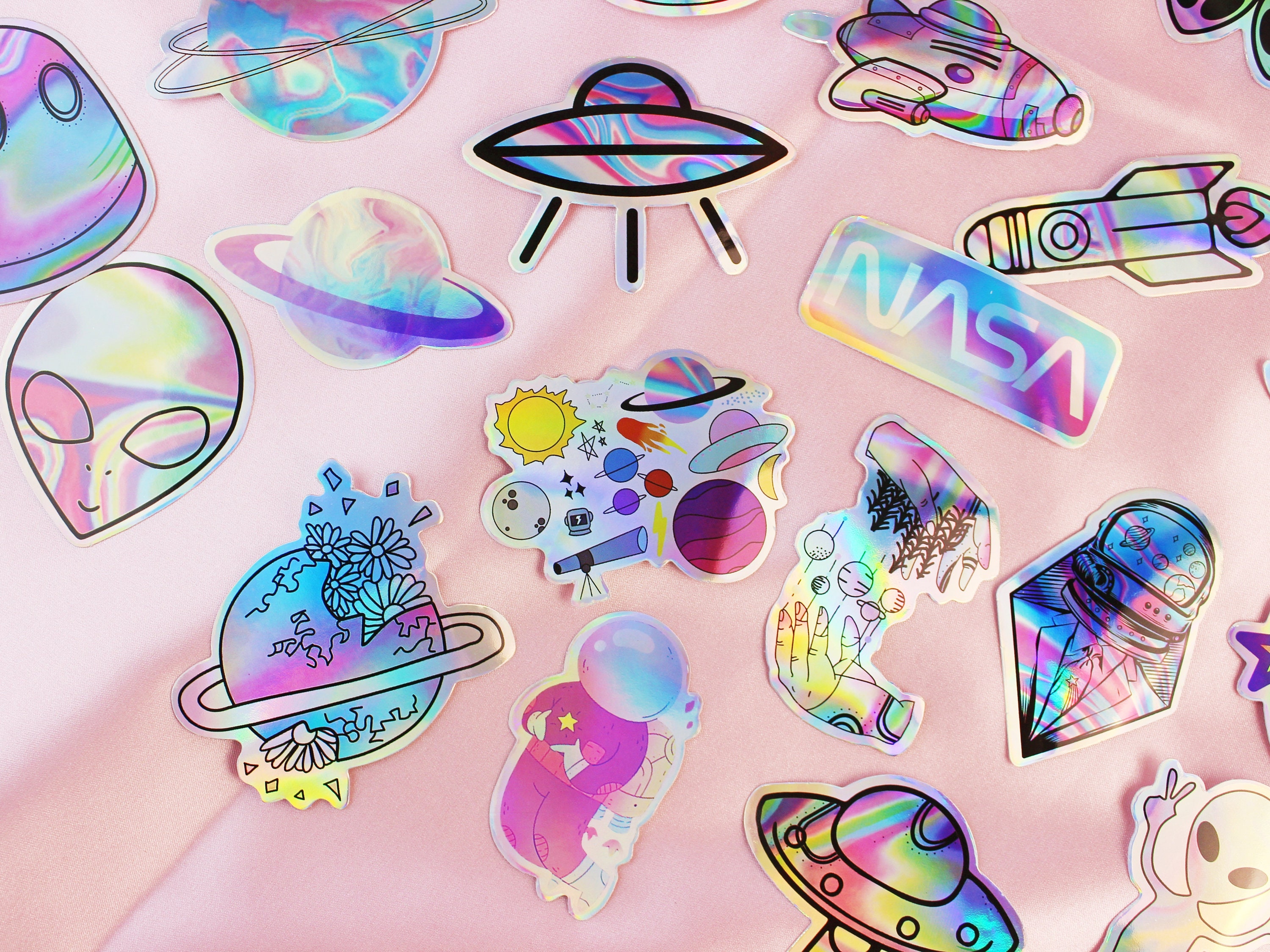 50 PCS A Pack / Holographic Laser Stickers / Outer Space / Aliens ...