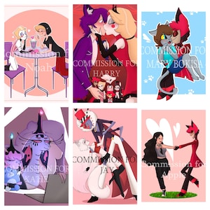 May include: A digital illustration collage of six different couples. Each couple is in a different pose and setting. The couples are all cartoon characters with different hair colors and clothing. The text "COMMISSION FOR" is written on each image, followed by the name of the person who commissioned the artwork.