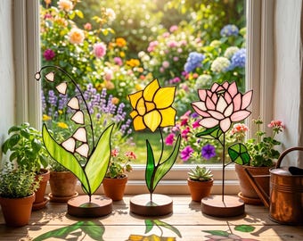 Stained Glass Geburtsblume Pflanzenstecker | Handmade Geburtstag Geschenk | Geburtsmonat Sonnenfänger