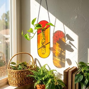 May include: A hanging stained glass wall planter with a vertical oval shape, featuring red and yellow glass panels and a central clear glass test tube holding a green plant. The piece is suspended by a metal chain and casts a colorful shadow.