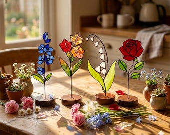 Personalized Birth Month Floral Suncatcher, June Birth Flower Rose Stained Glass Unique Birthday Gift for Her, Botanical Rose Flower Gift