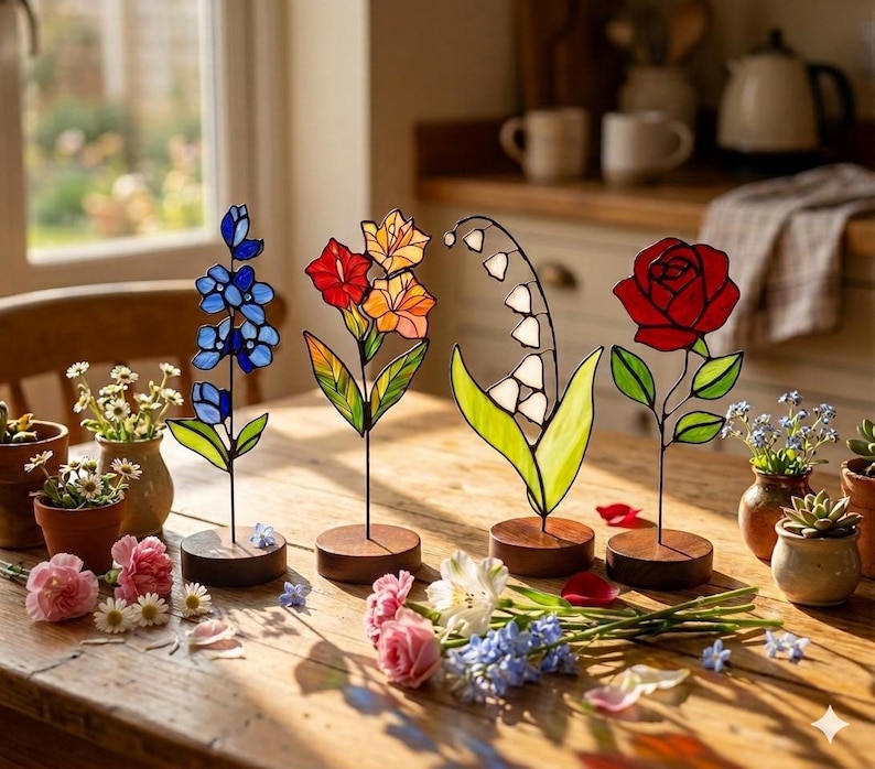 K&ouml;nnte beinhalten: Vier Buntglas-Blumenskulpturen auf runden Holzsockeln. Die Skulpturen zeigen einen blauen Rittersporn, eine mehrfarbige Gladiole, ein wei&szlig;es Maigl&ouml;ckchen und eine rote Rose. Jedes St&uuml;ck hat Metallstiele und Bl&auml;tter aus gr&uuml;nem Glas.