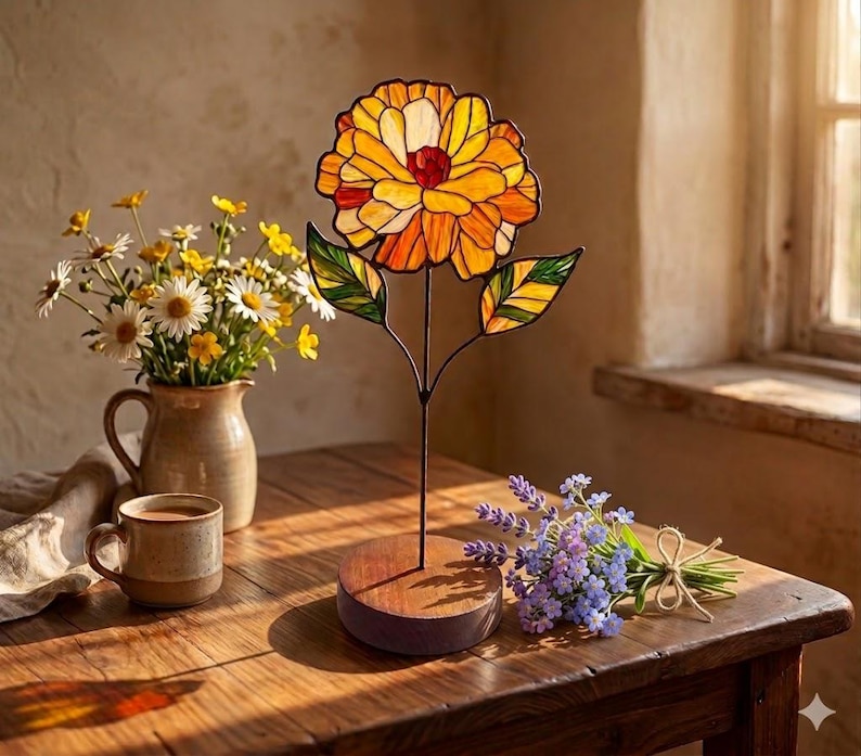May include: A stained glass flower sculpture featuring orange and yellow petals with green leaves, mounted on a circular wooden base. The flower is constructed with dark metal soldering lines between the glass segments, creating a vibrant floral display.