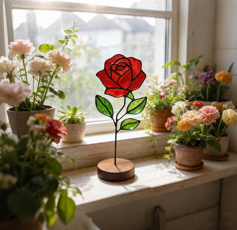 May include: A stained glass rose sculpture featuring a vibrant red flower head and green leaves, held by a thin black metal stem attached to a circular wooden base. The piece is positioned upright, showcasing clear glass segments outlined in dark solder.