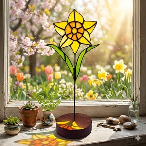 May include: A stained glass daffodil flower ornament with bright yellow petals and a green stem, mounted on a circular dark wood base. The glass flower features a central orange circular detail and is positioned on a windowsill.