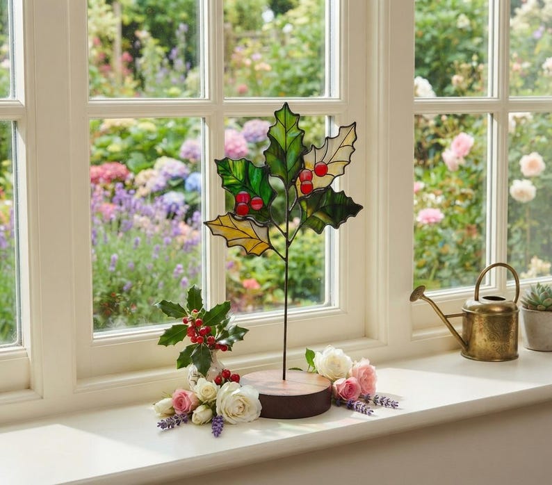 K&ouml;nnte beinhalten: Ein Stechpalmen-Zierzweig aus Buntglas mit gr&uuml;nen und gelben Bl&auml;ttern sowie roten Beeren, montiert auf einem runden Holzsockel. Das Objekt ist umgeben von frischen wei&szlig;en und rosa Rosen, Lavendelzweigen und einem kleinen echten Stechpalmenzweig.