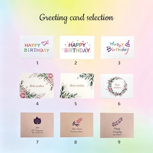 May include: A collection of nine greeting cards labelled 1 through 9, featuring various designs including colourful Happy Birthday text, floral wreaths with Best Wishes, and botanical illustrations with phrases like Full Of Happiness and Happy Everyday.