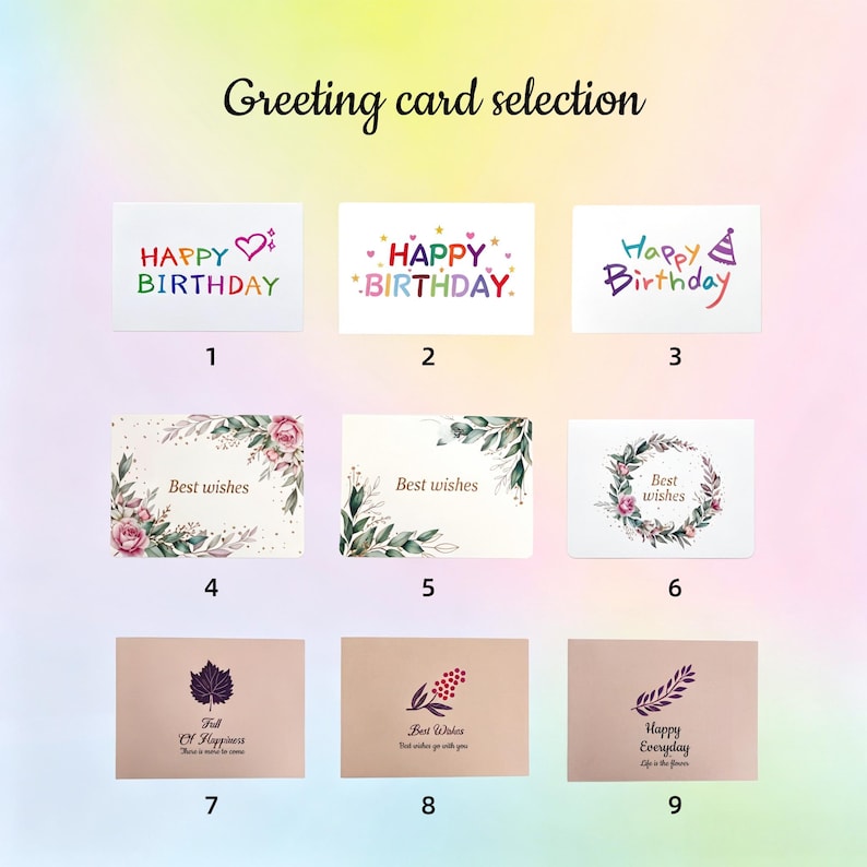 May include: A collection of nine greeting cards labelled 1 through 9, featuring various designs including colourful Happy Birthday text, floral wreaths with Best Wishes, and botanical illustrations with phrases like Full Of Happiness and Happy Everyday.