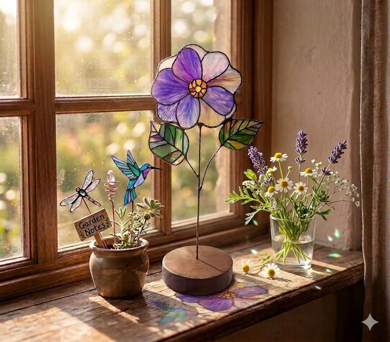 May include: A stained glass purple flower on a wooden base, a small ceramic pot containing a stained glass dragonfly, a hummingbird, a crystal, and a wooden sign labelled Garden Notes, and a glass vase filled with lavender and chamomile flowers.