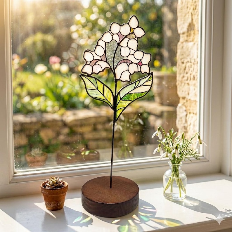 May include: A stained glass flower ornament featuring white and pale pink petals with green leaves, supported by a thin metal stem on a circular dark wood base. The glass pieces are joined by dark solder lines, creating a floral silhouette.