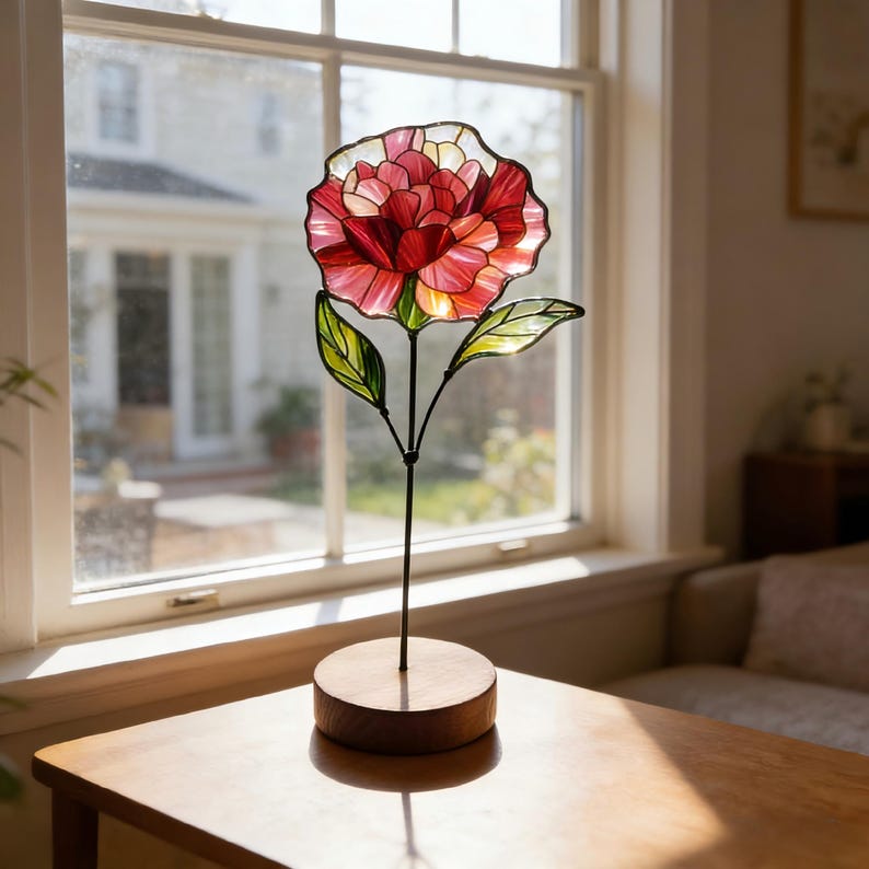 May include: A stained glass flower sculpture featuring layered pink and red petals with dark leaded outlines. The flower has two green glass leaves on a thin metal stem, which is mounted into a circular wooden base, creating a decorative piece.