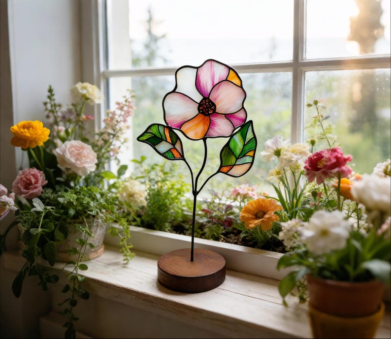 May include: A stained glass flower ornament featuring translucent white, pink, and orange petals with a dark centre, supported by a thin black metal stem and two green leaves, all mounted on a circular wooden base for tabletop display.