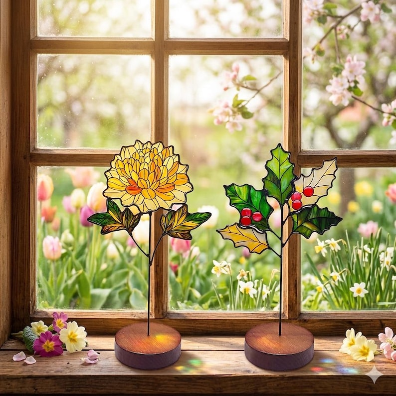 May include: Two stained glass ornaments on wooden bases. One features a yellow chrysanthemum flower with green leaves. The other displays green holly leaves with red berries. Both are crafted with dark metal outlines and sit on a wooden windowsill.