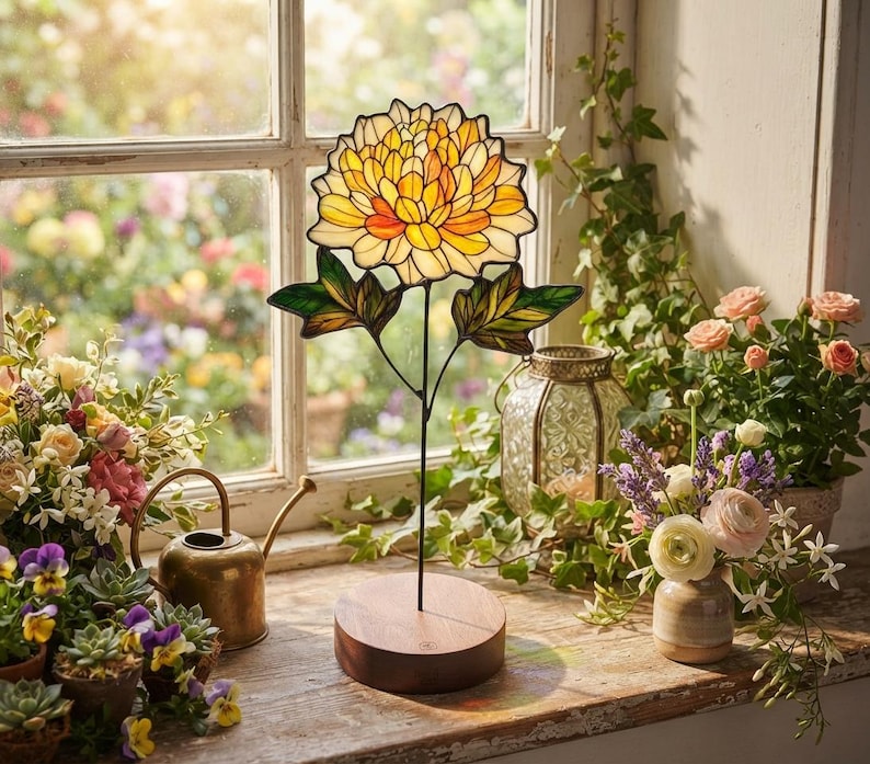 K&ouml;nnte beinhalten: Eine Buntglas-Blumenskulptur mit einer gro&szlig;en gelben und orangefarbenen Chrysanthemenbl&uuml;te und gr&uuml;nen Bl&auml;ttern, montiert auf einem runden Holzsockel. Die Glasbl&uuml;tenbl&auml;tter sind mit dunklem Metall umrandet und bilden ein detailliertes Blumenmuster.