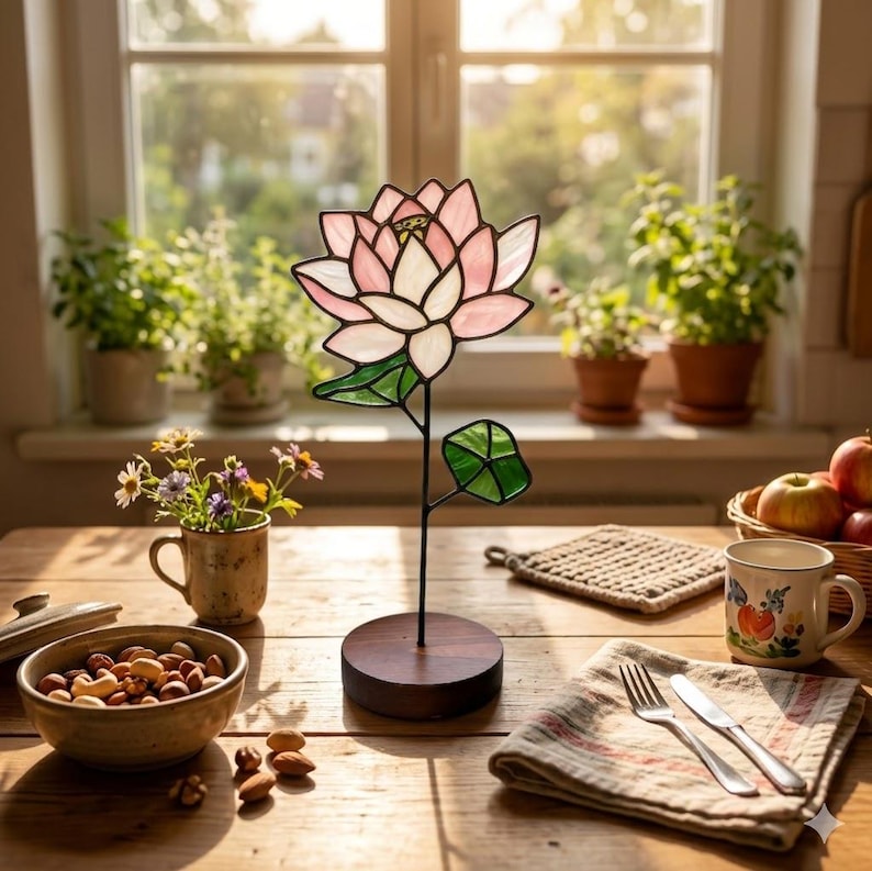 May include: A stained glass lotus flower sculpture featuring light pink and white petals with green leaves, mounted on a thin black metal stem and a circular dark wood base. The flower is constructed with dark metal soldering lines.