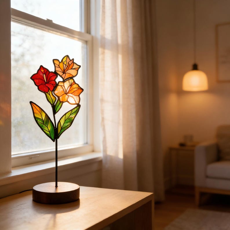 May include: A stained glass flower sculpture featuring three blossoms in shades of red, orange, and yellow, with green leaves. The glass pieces are held together by dark metal lines, supported by a thin black stem on a round wooden base.