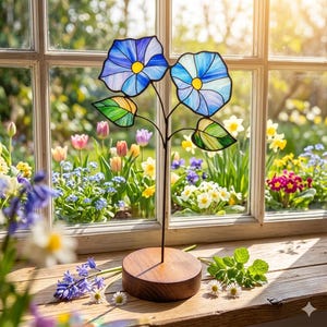 May include: A stained glass ornament featuring two blue morning glory flowers with yellow centres and two green leaves, supported by a thin metal stem attached to a round wooden base, positioned on a wooden surface in front of a window.