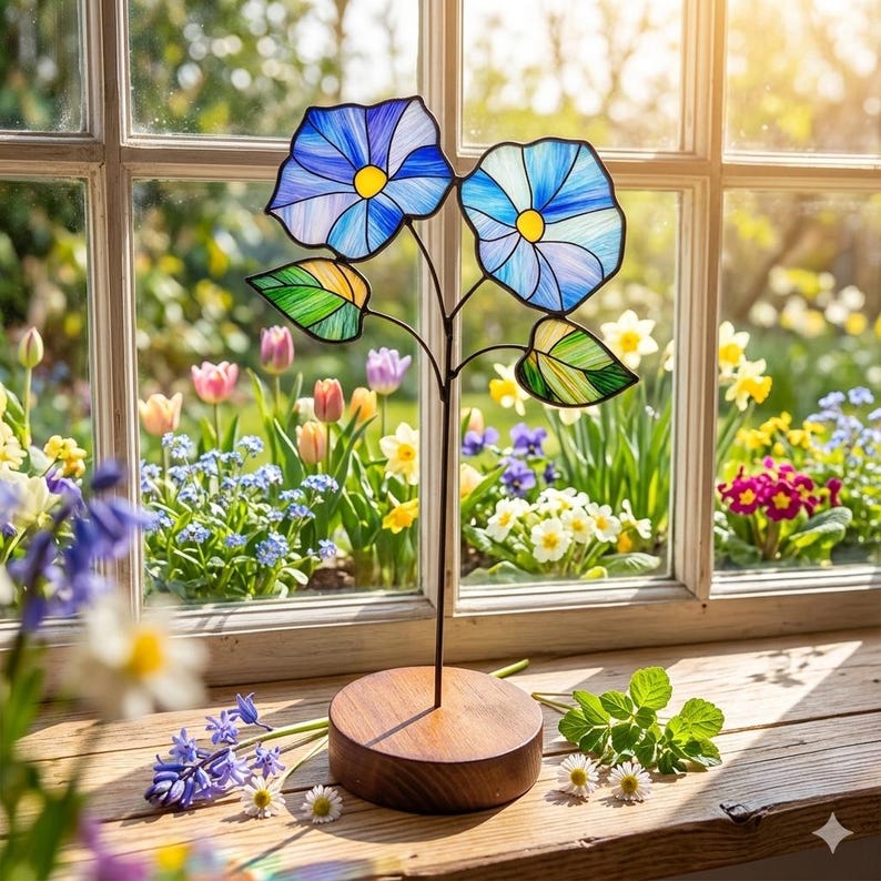 May include: A stained glass ornament featuring two blue morning glory flowers with yellow centres and two green leaves, supported by a thin metal stem attached to a round wooden base, positioned on a wooden surface in front of a window.
