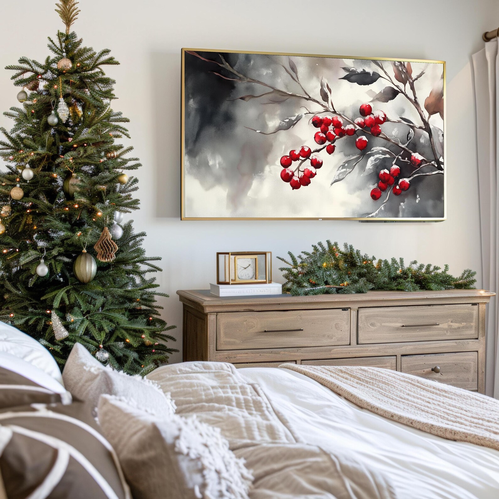 Winter Botanical Samsung Frame TV Art, Red Berry Branch in Snow
