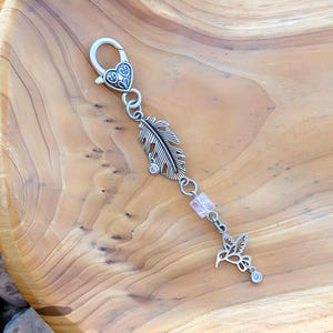 Hummingbird Bag Charm, Keychain, Purse Accessory, Pink Crackled Cube, Silver Feather & Bird Charms, Rhinestones