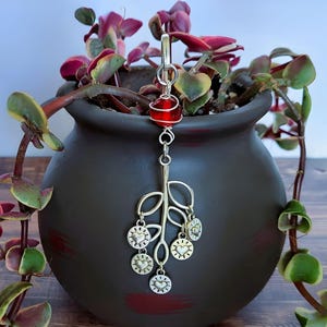 Heart Leaf Plant Stake: Red & Silver Tree Branch Charms, Love Houseplant Decor