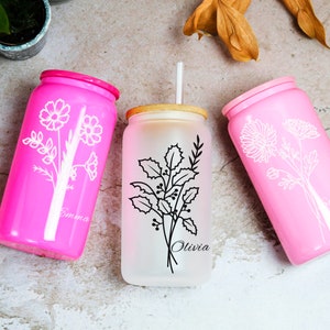 Personalized Iced Coffee Cup, Custom Birth Flower Tumbler, Glass Cup with Lid and Straw, Bridesmaid Gift, Bridesmaid Proposal, Wedding Party