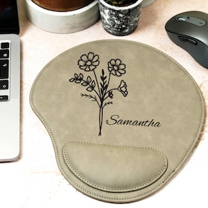 Birth Flower Engraved Mousepad, Personalized Leather Mousepad, Custom Mousepad with Wrist Rest, Birth Month Flower, Floral Design Mousepad